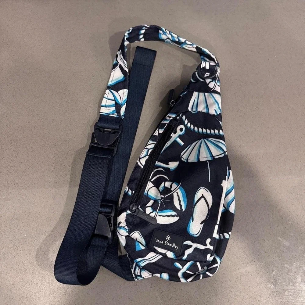 Vera Bradley blue and white beach-themed sling bag